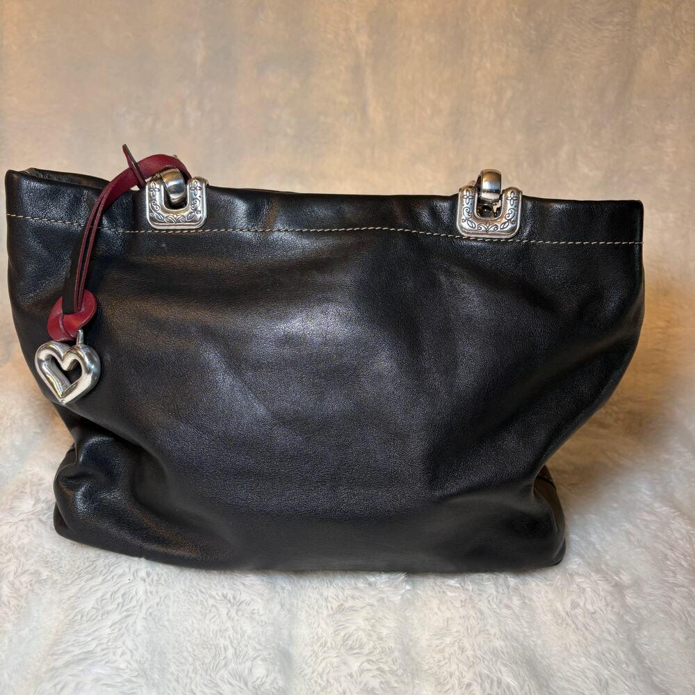 Brighton Jodi Leather Reversible Stitched Heart Tote Bag Black Art Tapestry Red